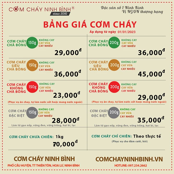 Bảng Giá Cơm Cháy Ninh Bình 2025