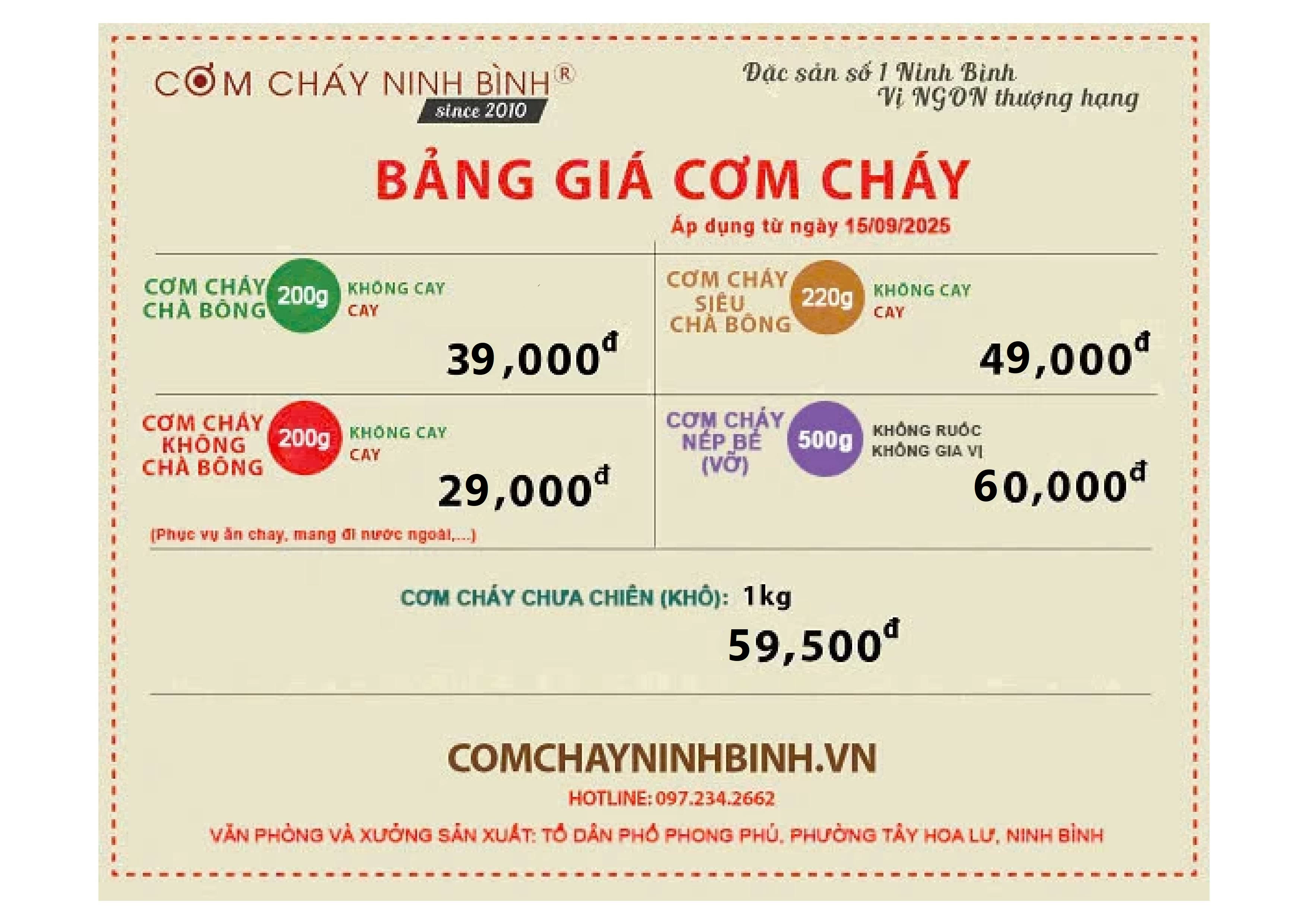 Bảng giá cơm cháy Ninh Bình