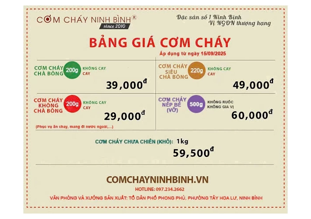 Bảng Giá Cơm Cháy Ninh Bình 2025